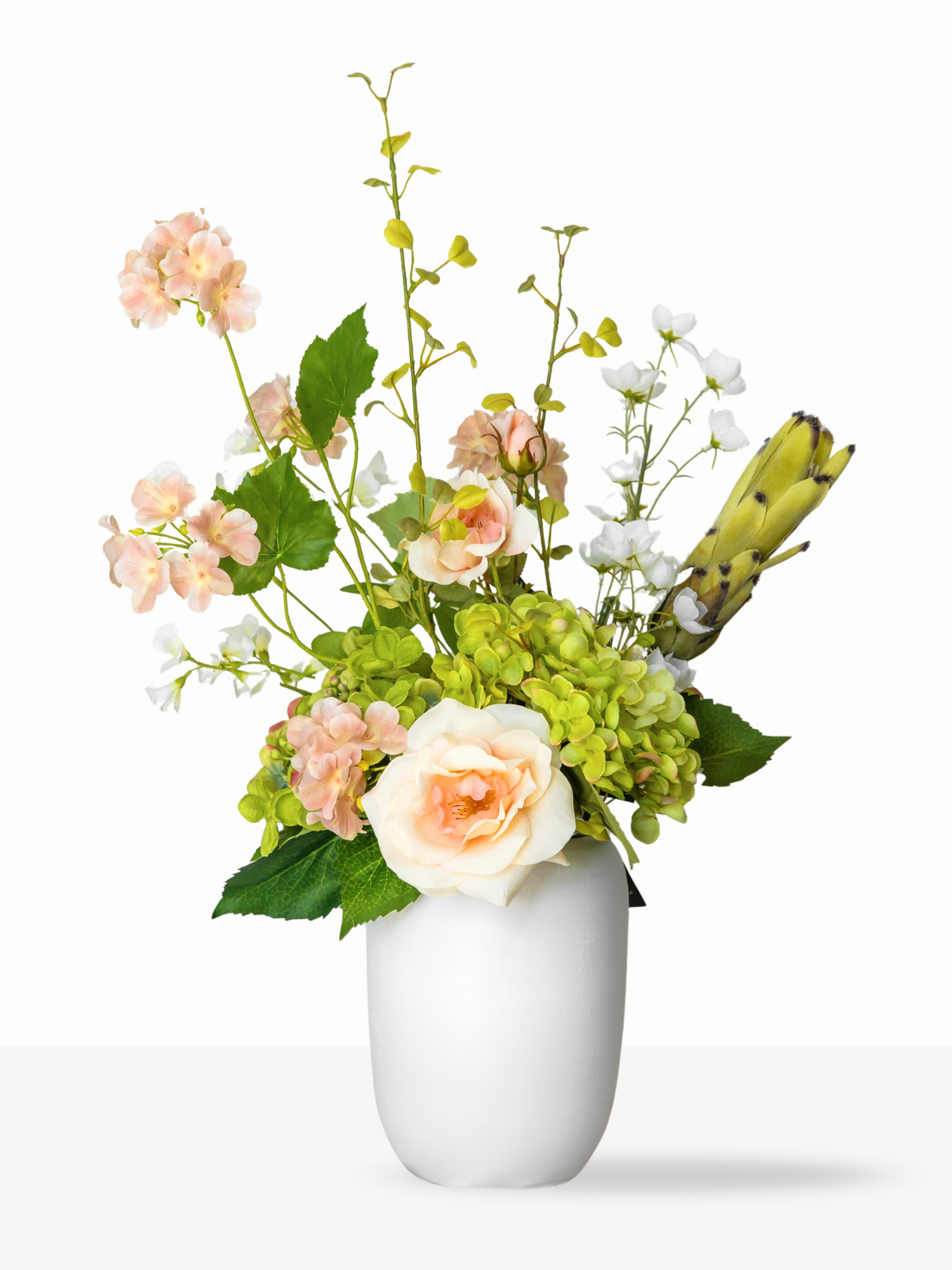 Klein zijden boeket Pippi met groene hortensia en peach roos in vaas Nien - Blossig