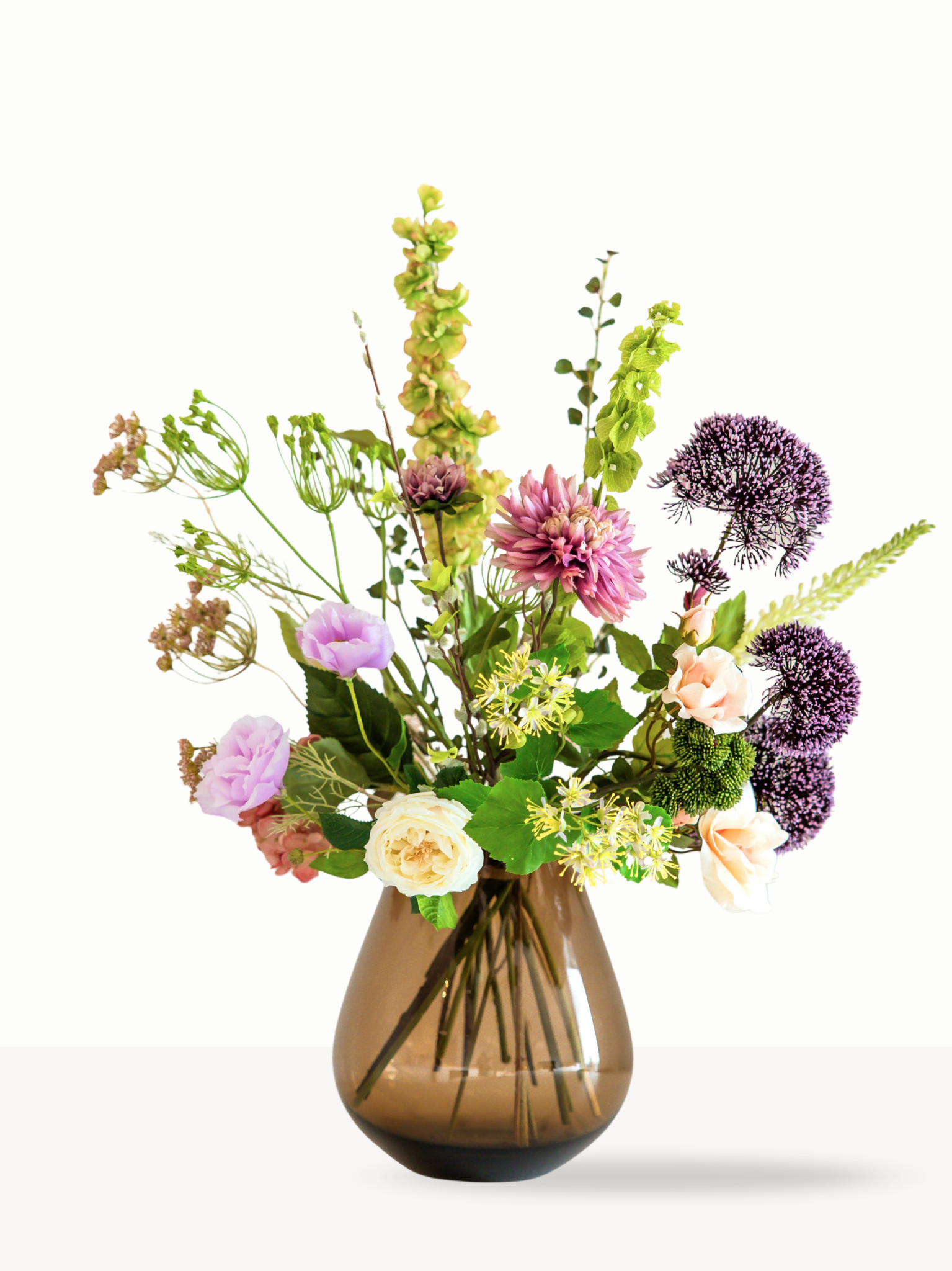 Luxe zijden boeket Lulu met lila lisianthus en rozen in vaas Mila M - Blossig