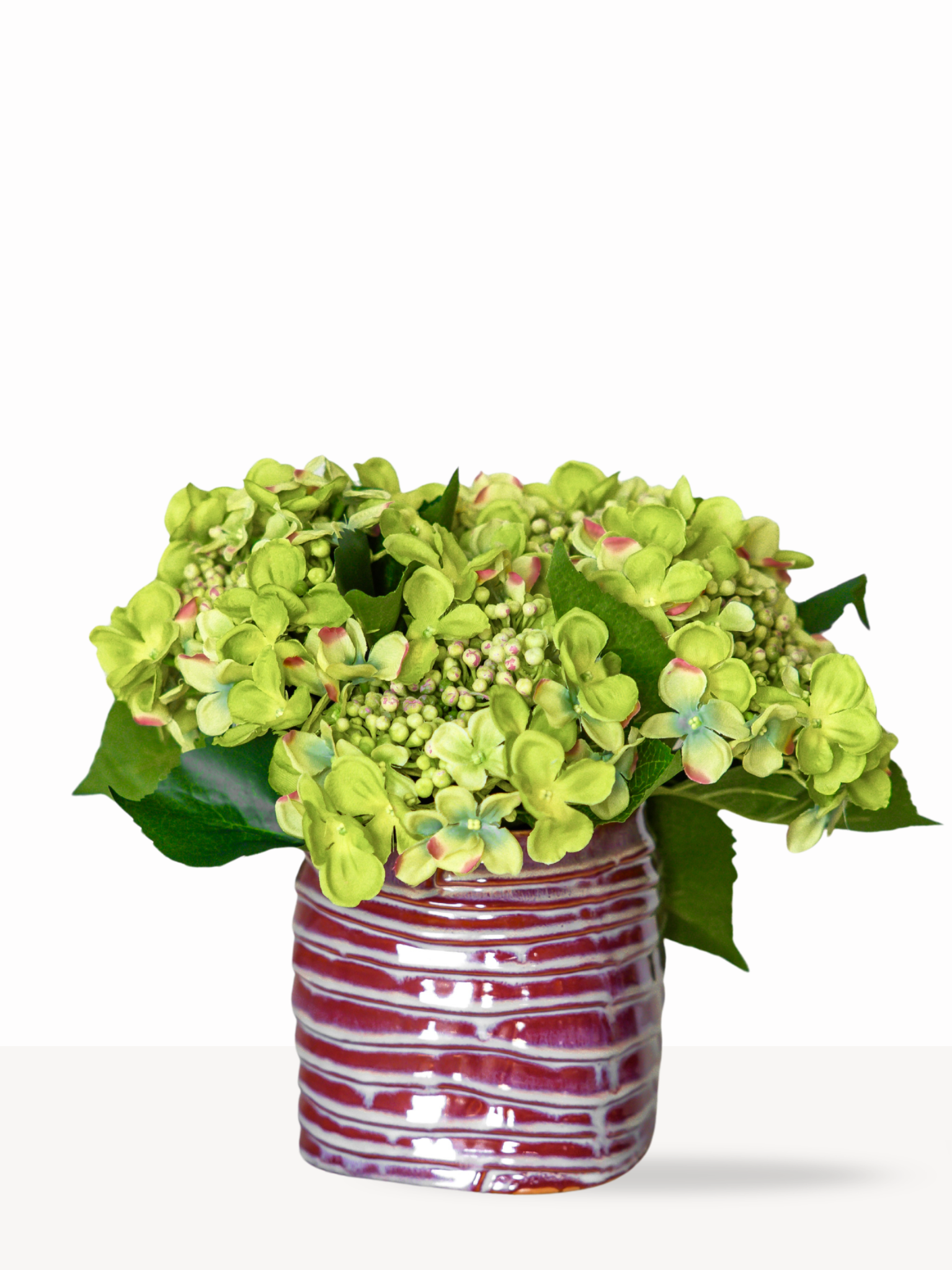 Stijlvolle set zijden groene hortensia's Lilo in vaas Kik - Blossig